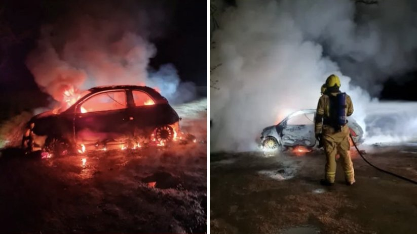 De auto ging volledig in vlammen op.